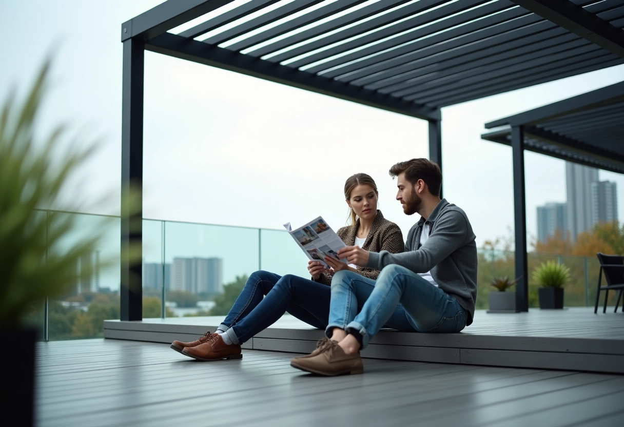 Jeune couple discutant sous une pergola moderne en extérieur