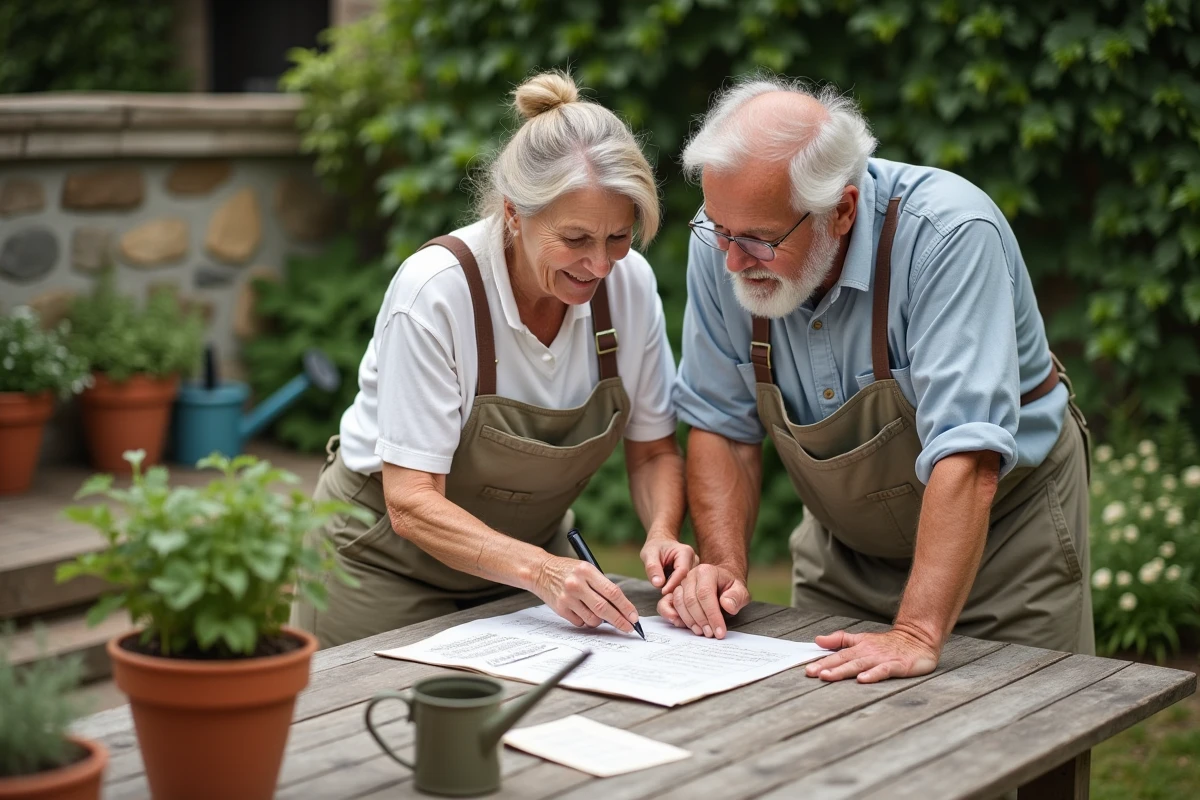 Couple de seniors planifiant leur jardin ensemble autour de sachets de graines et d'une liste de plantation sur terrasse
