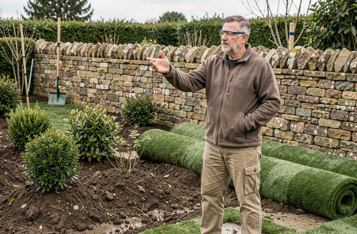 Paysagiste Daligault Christophe supervisant une équipe lors d'un chantier d'aménagement paysager en Normandie