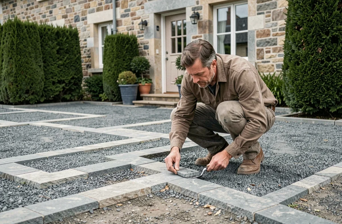 Spécialiste Daniel Moquet posant des bordures sur une allée en graviers décoratifs devant une maison bretonne traditionnelle