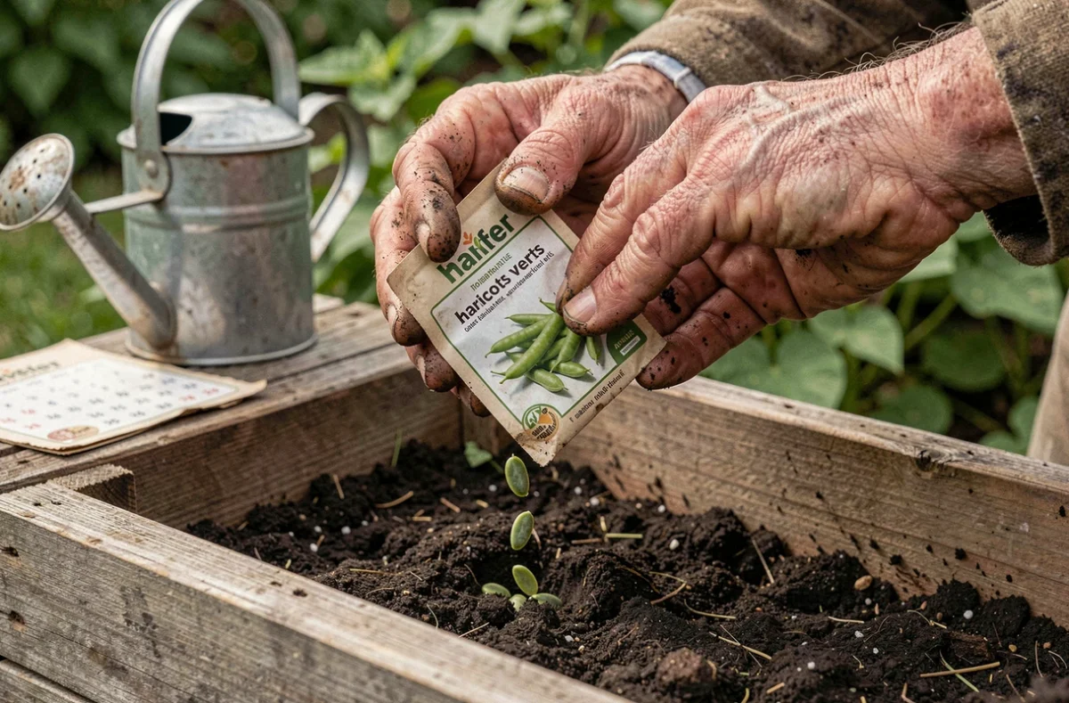 Gros plan de mains de jardinier semant des graines de haricots verts avec un calendrier des semis