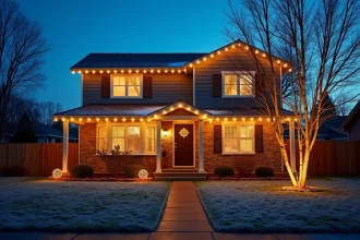 Façade de maison décorée de guirlandes lumineuses solaires blanc chaud pour Noël, ambiance hivernale au crépuscule