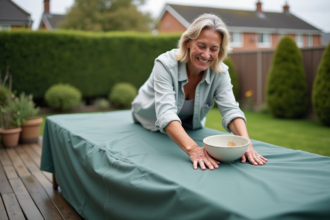 Femme montrant une astuce diy pour l'eau de pluie dans le jardin