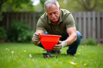 Homme épandant un désherbant sélectif gazon en granulés sur une pelouse envahie de mauvaises herbes avec un épandeur rouge