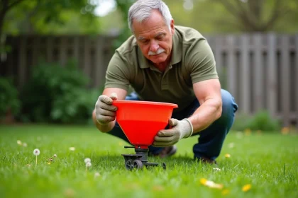 Homme épandant un désherbant sélectif gazon en granulés sur une pelouse envahie de mauvaises herbes avec un épandeur rouge