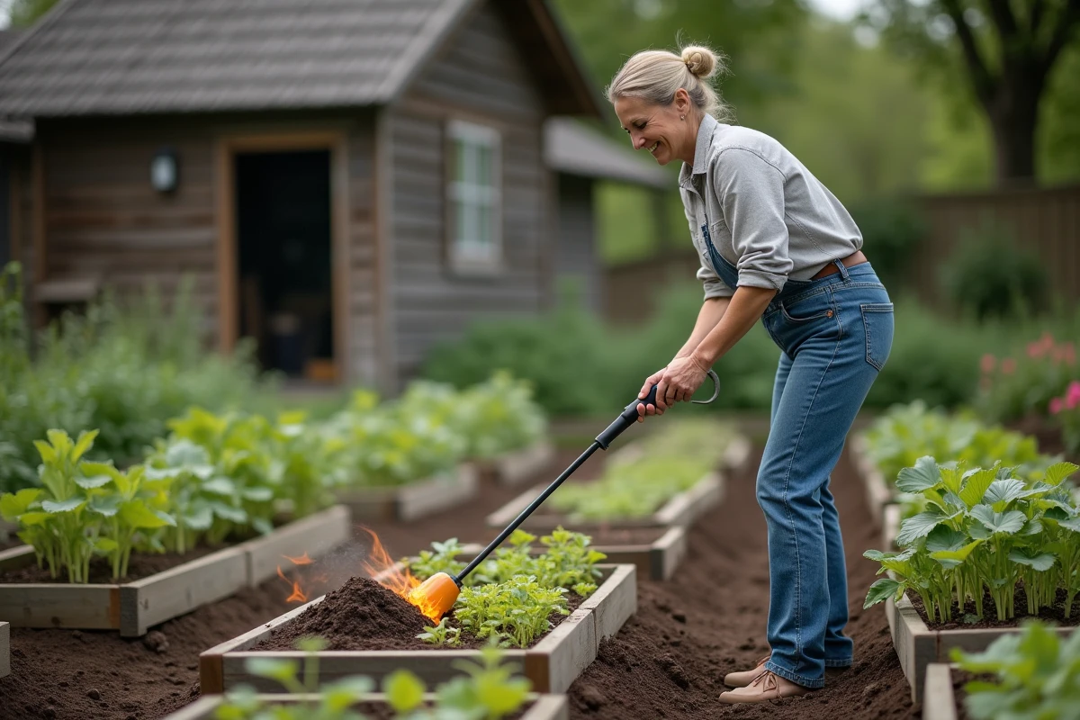 Femme utilisant un désherbage thermique à la flamme entre des carrés potagers surélevés comme alternative naturelle au glyphosate