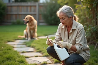 Femme lisant l'étiquette d'un désherbant dans le jardin avec un chien golden retriever assis à distance sécurisée