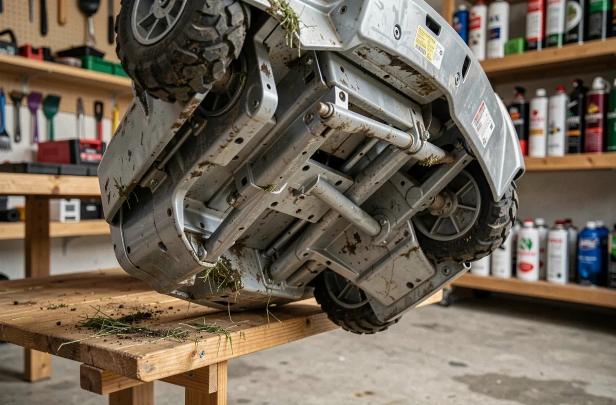 Dessous du robot tondeuse Kress retourné sur un établi en bois montrant les lames et résidus de tonte