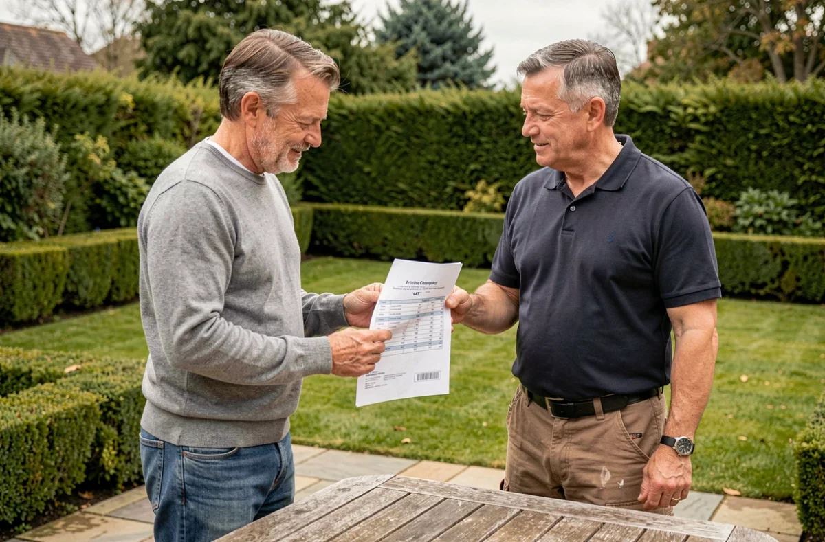 Un particulier et un élagueur consultant une facture de travaux d'élagage avec mention de la TVA dans un jardin entretenu