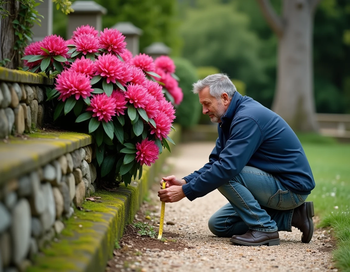 Homme mesurant la distance entre un rhododendron fleuri et le mur d'une maison en pierre dans un jardin