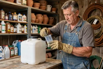 Agriculteur mesurant le dosage de glyphosate dans un bécher gradué pour un pulvérisateur de 5 litres dans un hangar agricole