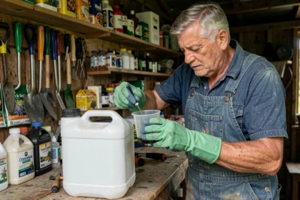 Agriculteur mesurant la dose de Roundup concentré dans un verre doseur pour préparer 5 litres de solution herbicide