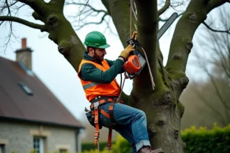Arboriste professionnel en train d'élaguer un grand chêne dans un jardin résidentiel à Quimper
