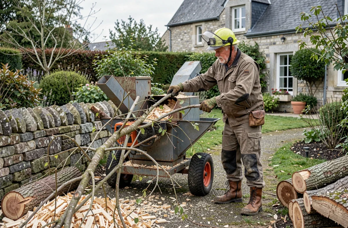 Élagueur au sol supervisant un broyeur de branches dans un jardin breton avec mur en granit