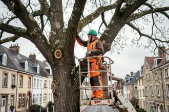 Élagueur en nacelle taillant un grand chêne dans un quartier résidentiel de Metz