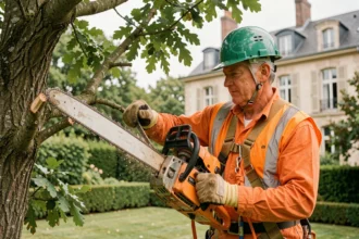 Élagueur professionnel en train d'élaguer un grand chêne dans le jardin d'un particulier avec une tronçonneuse et un harnais de sécurité