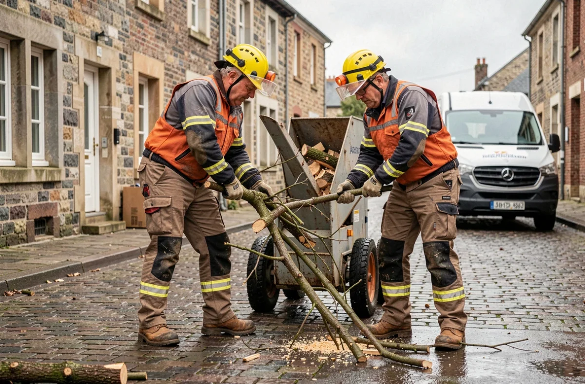 Deux élagueurs professionnels utilisant un broyeur de branches dans une rue de Quimper