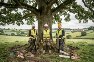 Équipe d'élagueurs professionnels sous un grand chêne normand, représentant le métier d'élagueur en Normandie
