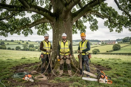 Équipe d'élagueurs professionnels sous un grand chêne normand, représentant le métier d'élagueur en Normandie