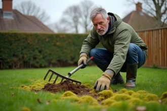 Homme utilisant un scarificateur pour enlever la mousse sur une pelouse humide au printemps