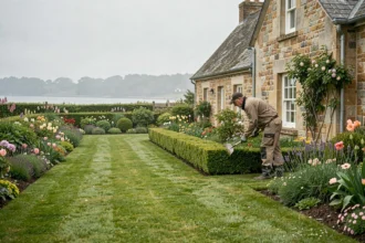 Vue panoramique d'un jardin breton entretenu par un professionnel devant une maison en pierre traditionnelle
