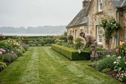 Vue panoramique d'un jardin breton entretenu par un professionnel devant une maison en pierre traditionnelle