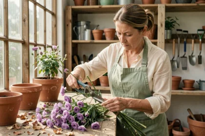 Femme entretenant des tiges de lisianthus fanées avec des sécateurs dans une serre domestique