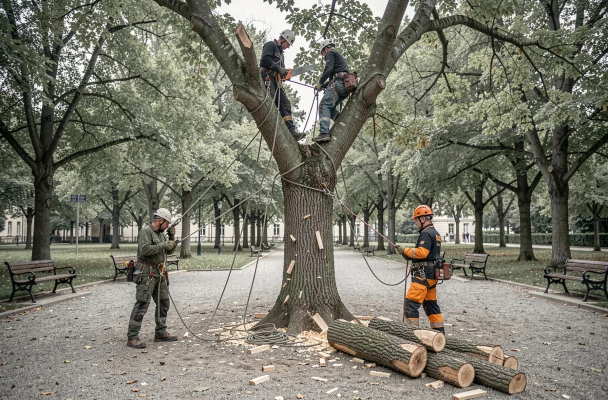 Équipe d'élagueurs réalisant un abattage contrôlé par démontage sectionnel d'un hêtre mort dans un parc urbain municipal