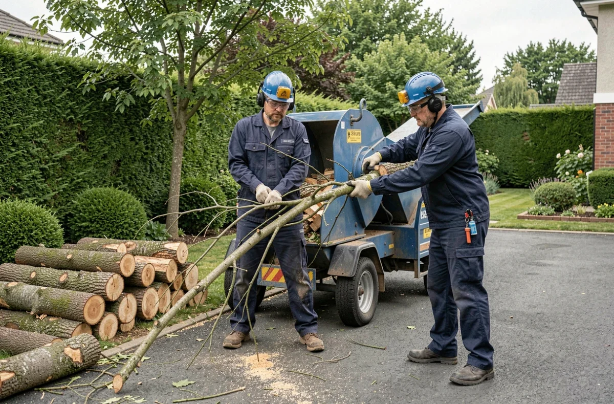 Deux élagueurs utilisant un broyeur de branches dans l'allée d'une maison individuelle lors d'un chantier d'élagage
