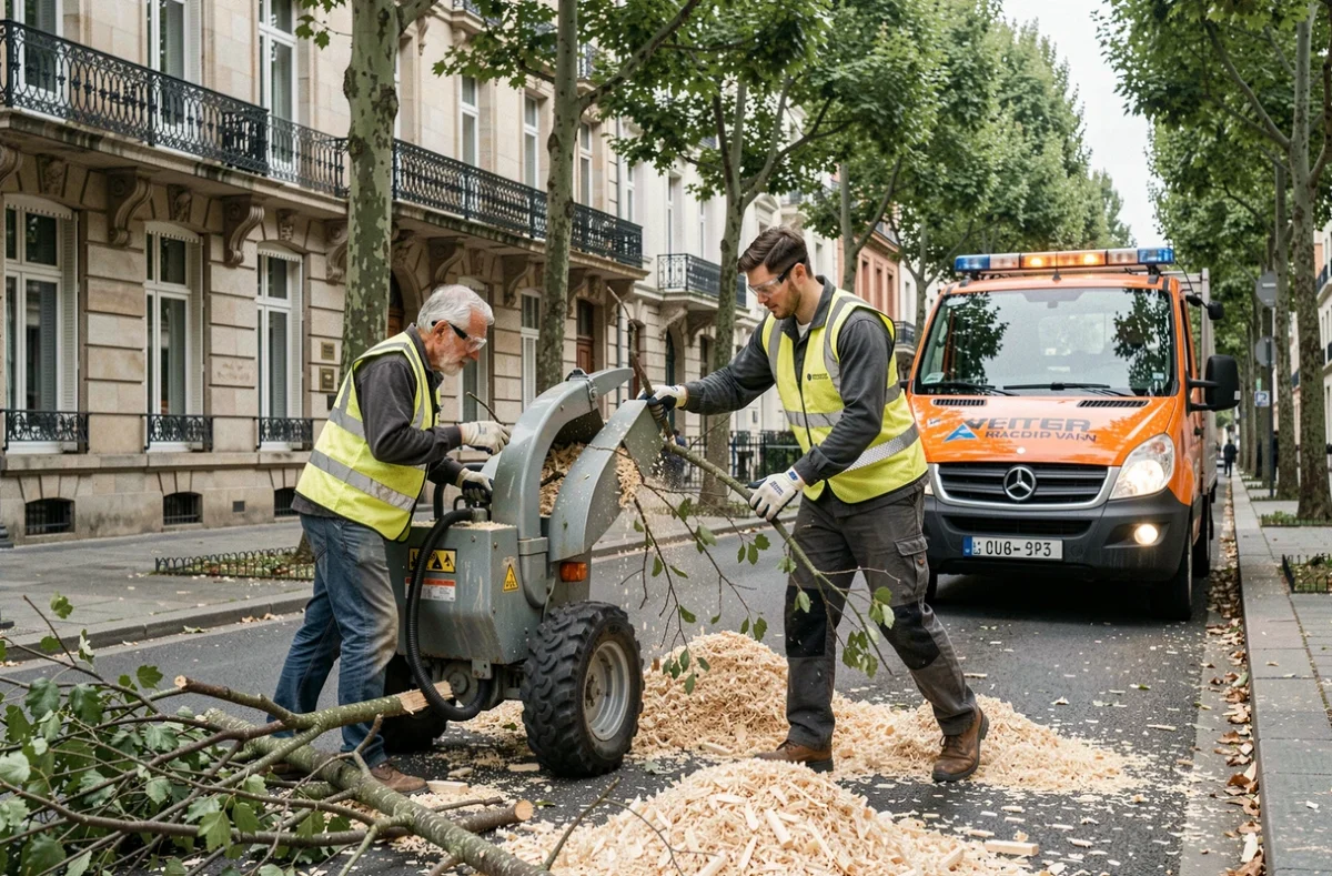 Équipe d'élagueurs au sol avec broyeur de branches dans une rue résidentielle de Metz
