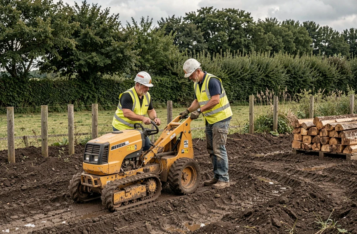 Ouvriers d'ETF TP Bois Paysage Service utilisant une mini-pelle pour des travaux de terrassement paysager en Bretagne