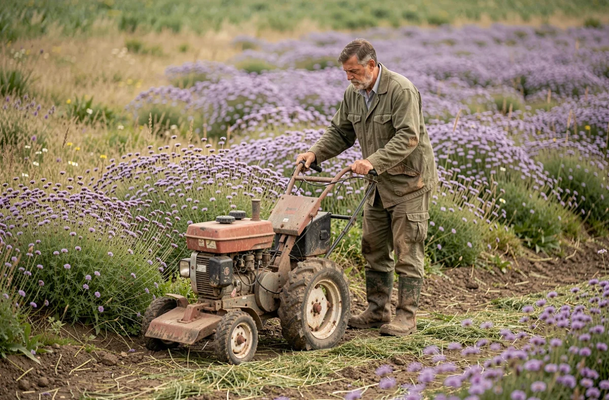 Agriculteur fauchant une prairie en préservant une bande de fleurs sauvages violettes