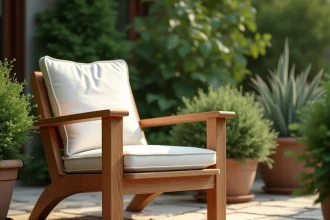 Fauteuil de jardin en teck de qualité supérieure avec grain de bois dense et finition huilée dorée sur une terrasse en pierre