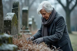 Femme âgée en manteau et écharpe dans un cimetière d'hiver