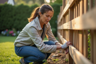 Femme en jeans posant des panneaux de cloture dans le jardin