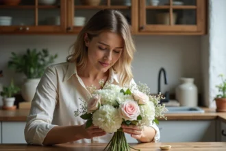 Femme arrangeant un bouquet de lisianthus et roses blanches