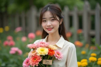 Jeune femme avec bouquet de fleurs étiquetées émotions