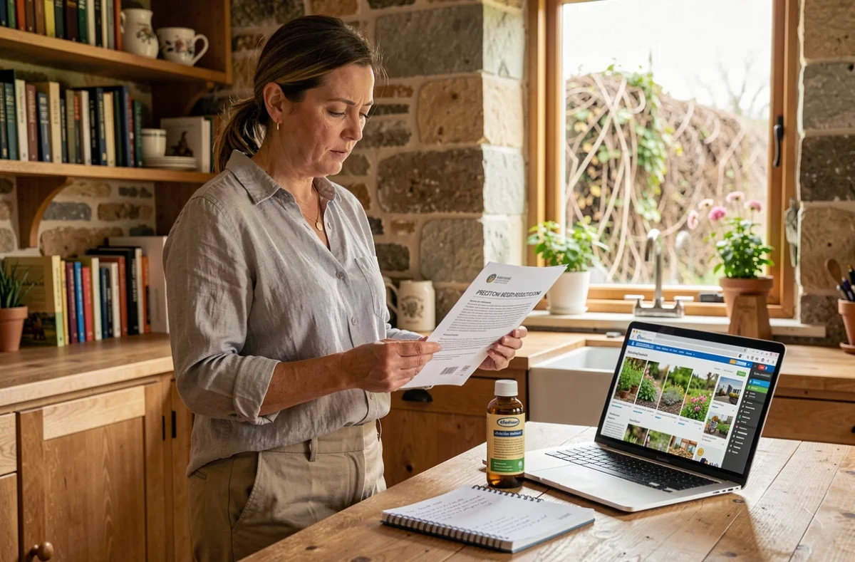 Femme consultant la réglementation 2026 sur les débroussaillants interdits dans sa cuisine
