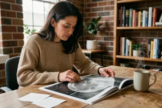 Femme consultant un calendrier lunaire 2026 imprimé posé sur un bureau en bois, entourée de notes manuscrites et d'une tasse de thé
