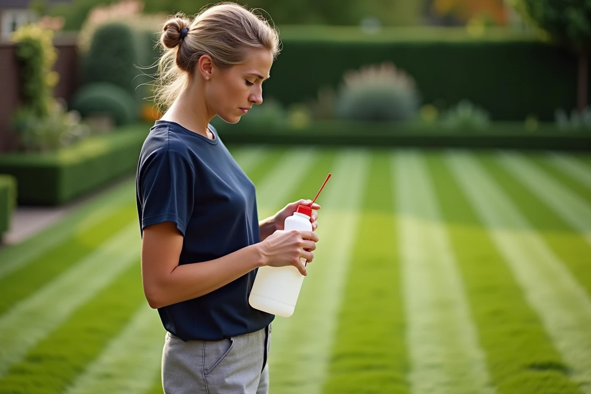 Femme déçue tenant un flacon d'herbicide vide devant une pelouse striée et décolorée suite à un mauvais traitement sélectif