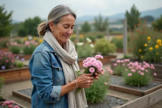Femme en veste en denim et foulard examine des waxflowers dans un jardin