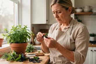 Femme examinant des feuilles de menthe qui noircissent dans un pot en terre cuite sur un comptoir de cuisine