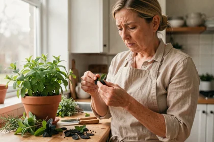 Femme examinant des feuilles de menthe qui noircissent dans un pot en terre cuite sur un comptoir de cuisine