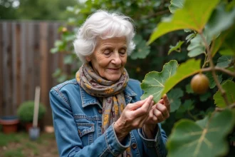 Femme âgée inspectant une feuille de figuier dans son jardin
