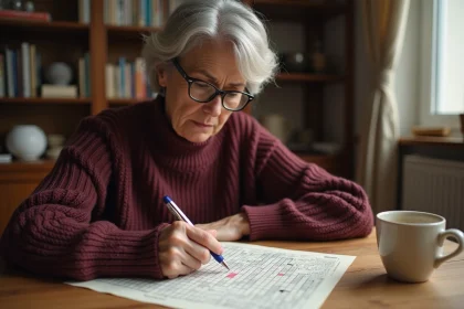 Femme concentrée résolvant une grille de mots fléchés à une table en bois avec un stylo et une tasse de café