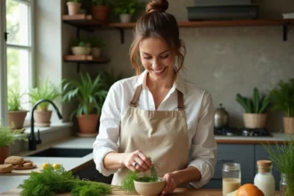 Femme souriante écrasant de l'aneth frais dans la cuisine