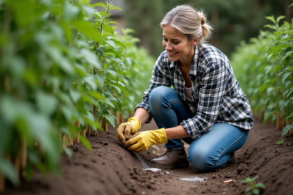 Femme en jeans saupoudrant bicarbonate autour des tomates