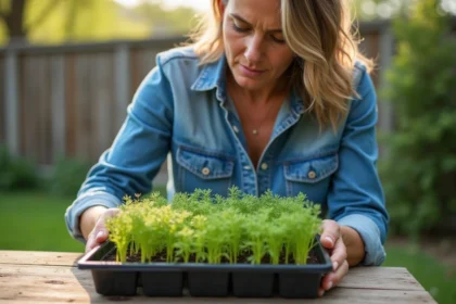 Femme inspectant des plants de dill dans un jardin printanier