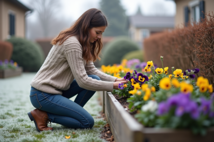 Femme en pull et jeans dans un jardin d'hiver en frosted, arrangeant des fleurs colorées