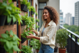 Jeune femme souriante attachant une fougère en balcon